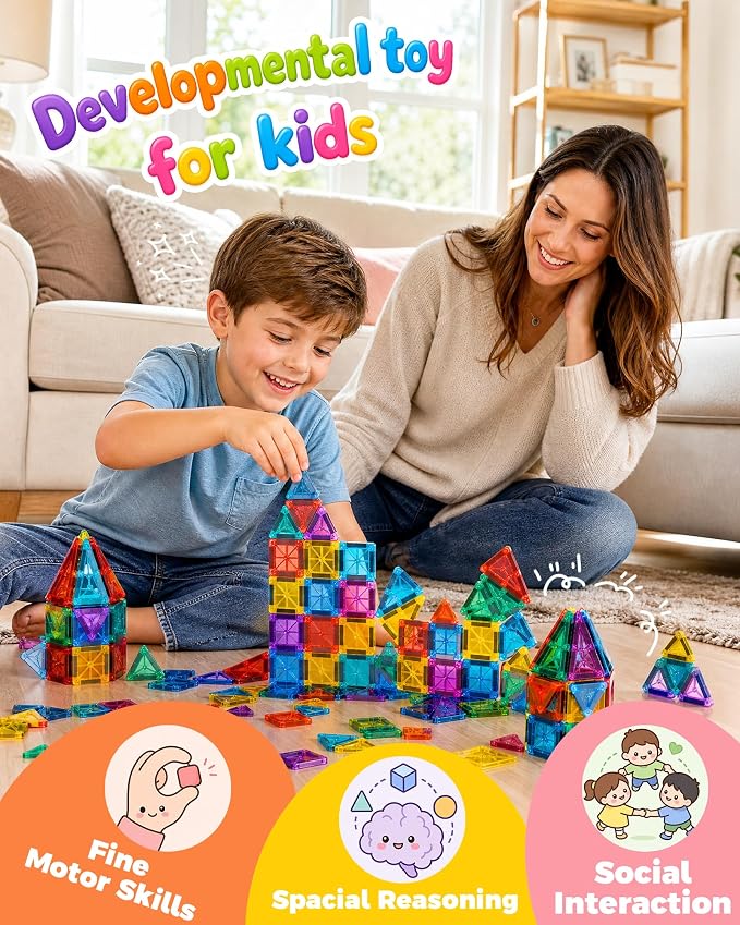 50 Piece Magnetic Tiles for Kids, STEM Toys Building Set, Age 3+ | Mini Magnetic Building Toys, Construction Magnetic Tiles Building Block, Ideal Gift for Boys Girls for Christmas Birthday