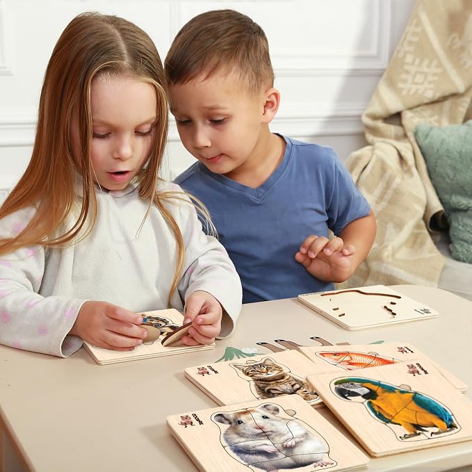 Wooden Puzzles for Toddlers 1-3 - 6 Montessori Kids Puzzles Ages 2-4 | Realistic Toddler Puzzles 15x15 Inches — Birds, Animals, Fish and Butterfly — Educational Motor Skills Toys