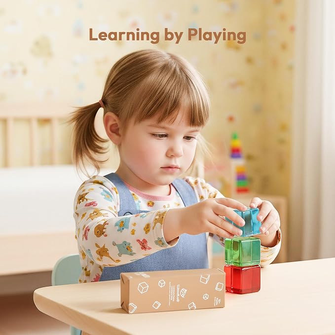 Woodtoe Large Building Blocks for Toddlers, Montessori Stacking Toys for 1 2 3 4 Year Old Baby Boys Girls, No Choking Hazard, Big Acrylic Gem Cubes Rainbow Blocks, STEM Sensory Toy Gifts for Kids 1-3