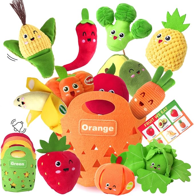 Baby Color Sorting Sensory Toys - Fruit Vegetable Play Food 1 Year Old Toys | Plush Pretend Play Toy for Toddlers 1-3, Montessori Toys Baby 6-12 Months Boy Girl Birthday Gifts, Peelable, Crinkle & Rattle