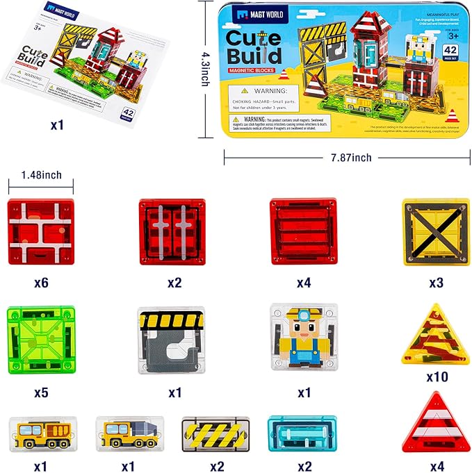 42PCS Mini Magnetic Tiles Toddler Travel Toys for Boys 3-5 Year Old Gifts | Construction Theme, Portable Metal Case, Kids Travel Essentials for Airplane, Car & Road Trip, STEM Preschool Learning Toys
