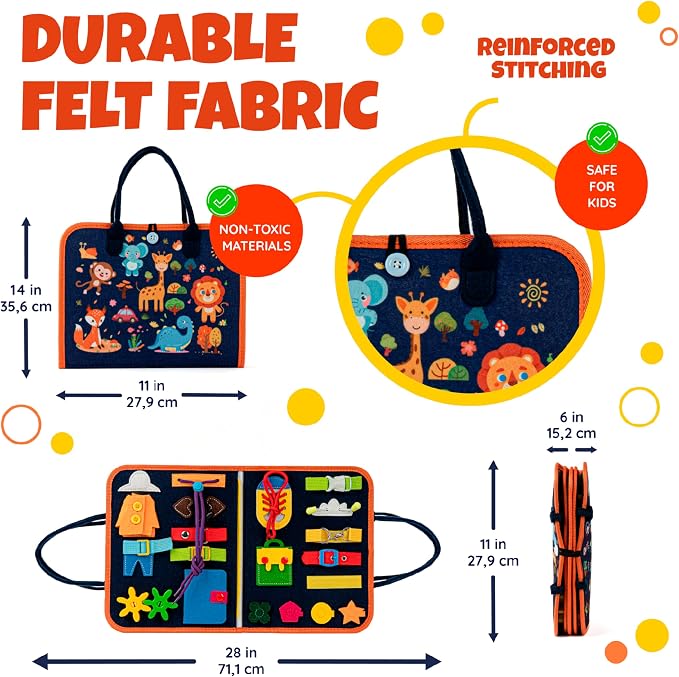 Ibenji Montessori Busy Book for Kids Ages 3+ Sensory Learning Toy with Zippers, Buckles, Letters, Numbers & Puzzles – Travel Quiet Book for Airplane & Car