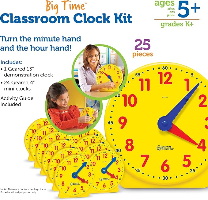 Learning Resources Classroom Clock Kit - Preschool Must Have, Teaching Time Activity , About Flash Time Cards, Montessori Toys, Math Manipulatives, Gifts for Boys and Girls, Toddler Activities