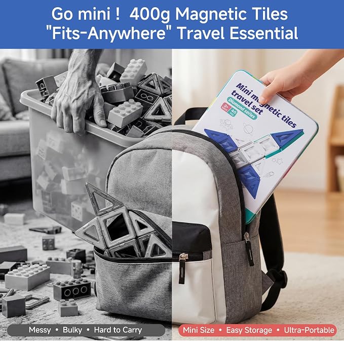 Magnetic Tiles Travel Tin Set: Airplane Activities for Kids Ages 4-8 | 40 Pcs Morandi Building Blocks, 90+ Mins Quiet Play, 45s Cleanup, Powerful Magnets, Holds 7 Tiles, Portable for Car Trips