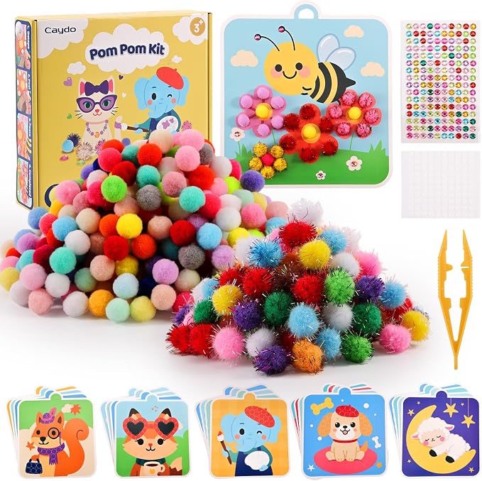 Caydo Pom Poms Art & Crafts Kit for Kids Ages 3 4 5 6 | Easy Toddler Sensory Activity Kit, Build Fine Motor Skills & Hand-Eye Coordination, Gift for Girls and Boys