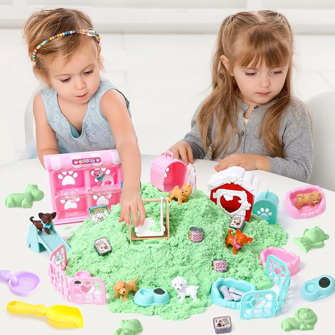 Lorfancy Dog Sandbox Toys Kids Play Sand Kit Toddler Sensory Bin Toy 2.2lbs Sand Pet Dog Figures Care Role Pretend Play Beach Toy Birthday Gift for Girls Boys 3 4 5 6 7 8 Years Old