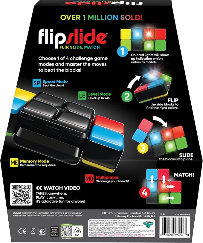 Moose Games Flipslide, Handheld Puzzle Game, Travel Toy Ages 8-13 | 4 modes (Speed, Multiplayer, Level, Memory) fast-paced puzzle fun; travel game and great gift for boys and girls ages 8-13