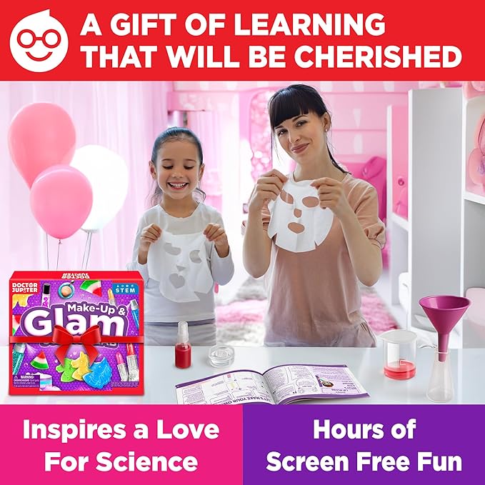 Doctor Jupiter Glam Science, DIY Makeup Craft Kit for Kids Ages 6,7,8+ | Birthday Gift for Girls Ages 6,7,8,9,10,11,12, DIY Makeup Craft Kit, Make Your Own Lip Gloss, 50+ Beauty Recipes