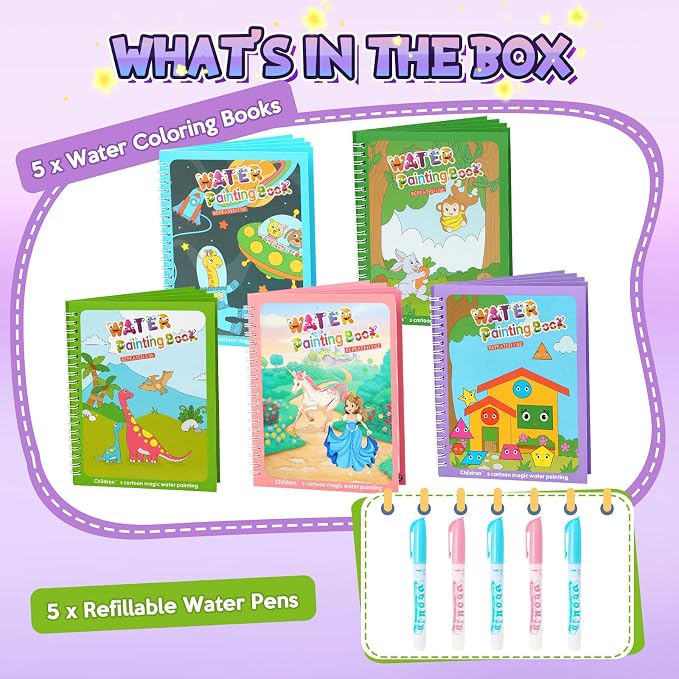 CMTOOP 5 Pack Water Coloring Books for Toddlers 1-3 - Mess Free Painting for Kids & Reusable Magic Water Activity Book - Aqua Art Travel Toys & Educational Arts and Crafts Gifts for Boys Girls Age 2-4