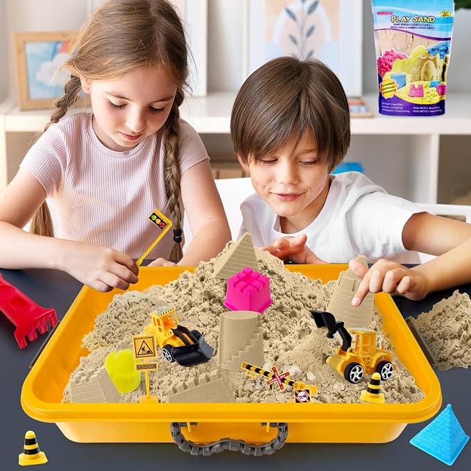 ESSENSON Construction Sensory Bin for Kids - 4LBS Magical Sand | Play Sand Kit with Toy Truck, Pretend Play Beach Sensory Toy, Sandbox, Gifts for Girls and Boys