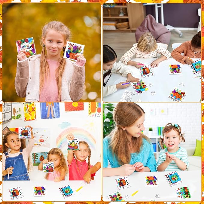 Thanksgiving Fall Crafts for kids, Autumn Art Activity DIY Blank Puzzle Toy | 24 Set Thanksgiving Craft Pumpkin Turkey, Fall Classroom Gift for Toddler Adult Party Favors Coloring Game Supplies Bulk