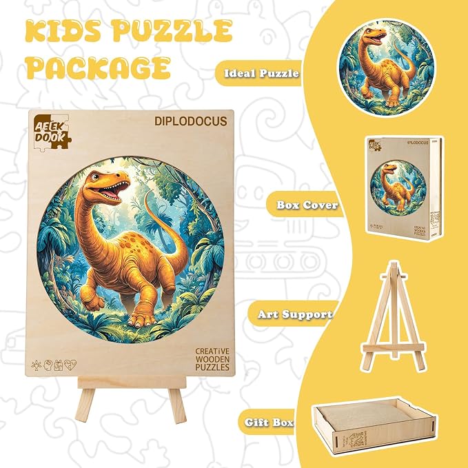 Dinosaur Wooden Puzzles for Kids - Diplodocus | 50 Piece Puzzles for Kids Ages 6-8, Kids Puzzles with Unique Animal Shapes, Round Gifts for Girls and Boys (11.4 * 11.4 in)