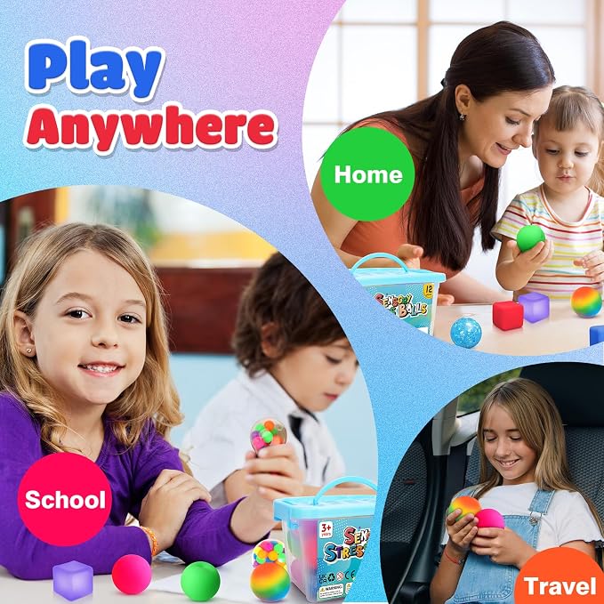 Fidget Sensory Toys Stress Balls: 12 Pack Squishy Stress Balls for Kids | Hand Therapy Sensory Ball with Nervousness Pressure Relief - Squeeze Stress Toys Bulk - Classroom Prize Gift for Student