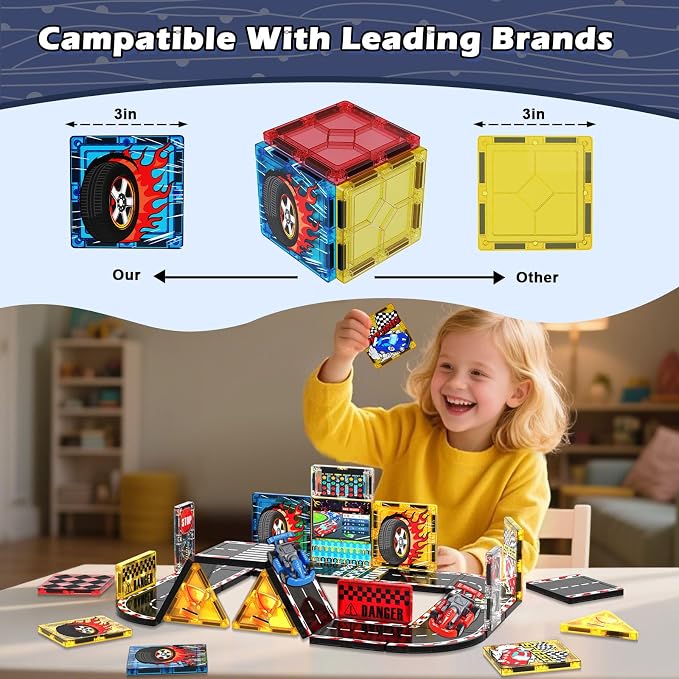 Magnetic Tiles Road Set, Rail Race Track with 2 Racer Cars, Magnetic Car Racing for Kids Ages 3 4 5 6 7 8, Magnet Building Blocks STEM Toy Birthday Gifts for 3+ Years Old Boys Girls