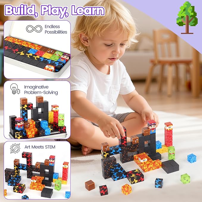 SYSKENI 35PCS Mini Magnetic Blocks Travel Set for Kids Ages 3-5 4-8 | Magnetic Blocks Travel Toys Portable Magnet Cubes STEM Learning Toys with Portable Iron Storage Box Christmas Birthday Gifts