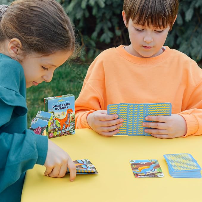 eeBoo Dinosaur Rummy Playing Card Game, 50 Cards, Ages 5+, 3+ Players | Builds strategic thinking & decision-making. Includes 50 laminated, dinosaur themed cards. A kid friendly Gin Rummy variant