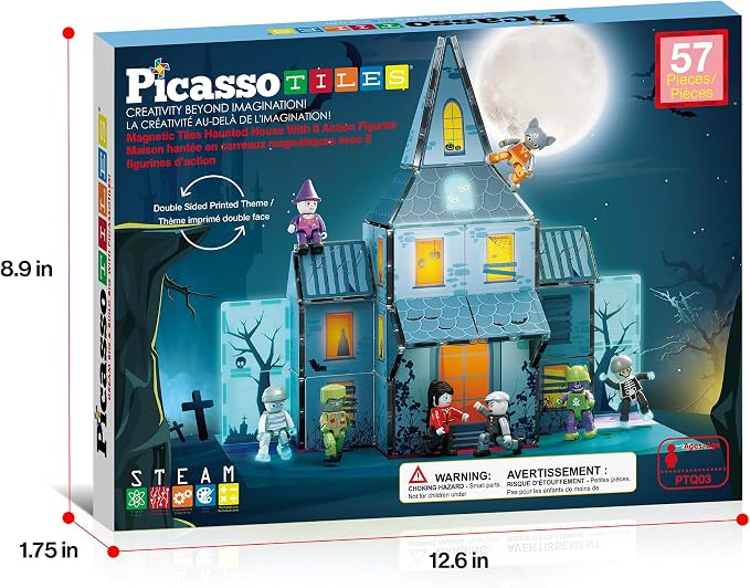 PicassoTiles 57 PCS Magnetic Tiles Halloween Haunted House STEM Set Ages 3+ | 8 action figures with rotating limbs, double-sided tile prints, doors and windows, creative storytelling playset, BPA-free