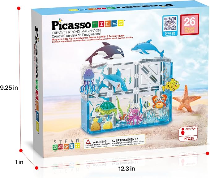PicassoTiles 26 Piece Magnetic Tiles, Ocean Marine World STEM Set Ages 3+ | Eight sea creature figures, vivid printed designs, screen-free imaginative play, hands-on early learning fun for curious kids
