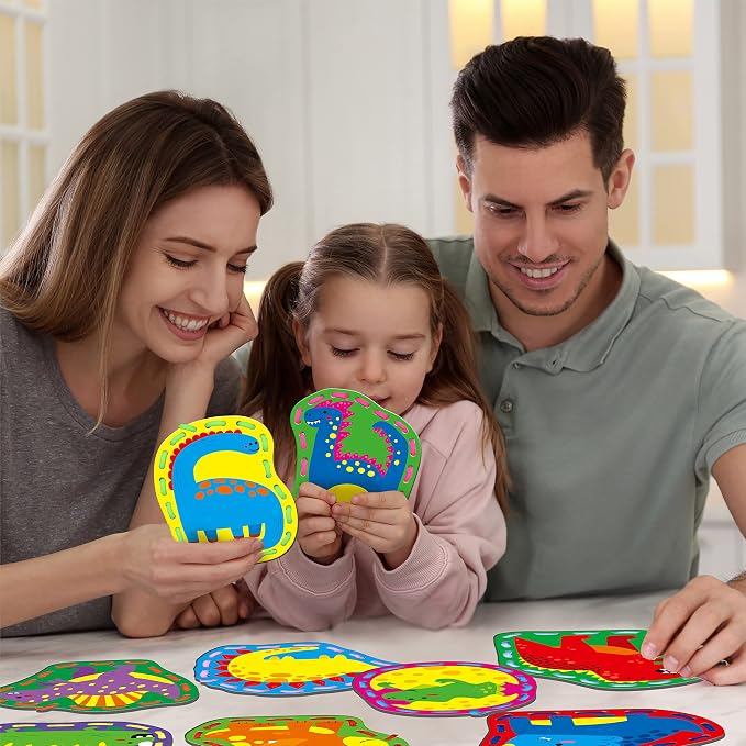 SpriteGru 9 Pieces Kids Lacing Cards, Double Sided Sewing Cards in 9 Dinosaurs with 9 Colorful Laces, Imagination Development Lacing Toys Games for Children Educational and Learning Activity