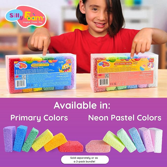 Silly Foam, Creative Modeling Foam Beads, 2-Pack of 6 Neon Pastel Colors, Perfect for Preschool and Kids, Arts & Crafts, Sensory Play, STEM, Travel Toy, Easter Basket Stuffers, Non-Toxic (Age 3+)