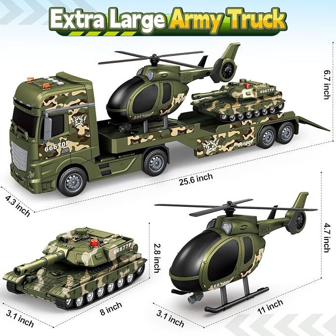 Bstoyder Toddler Boy Toys for 3 4 5 6 7 Years Kids, 25" Semi Army Truck Toy with Helicopters and Tank, Friction Powered Military Toys with Lights and Sounds, Birthday for Boy Girls