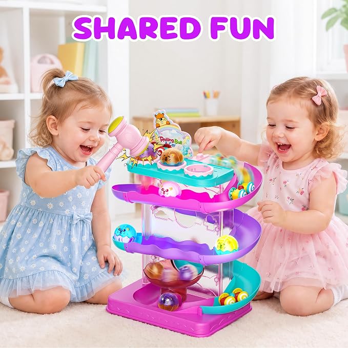2-in-1 Ball Drop & Car Ramp Race Track Montessori Toy for Toddlers Ages 1-5 | Hammer Rolling Ball, Launch and Race Car-Cause and Effect Sensory STEM Learning Toys for 1-5 Year Old Boys & Girls