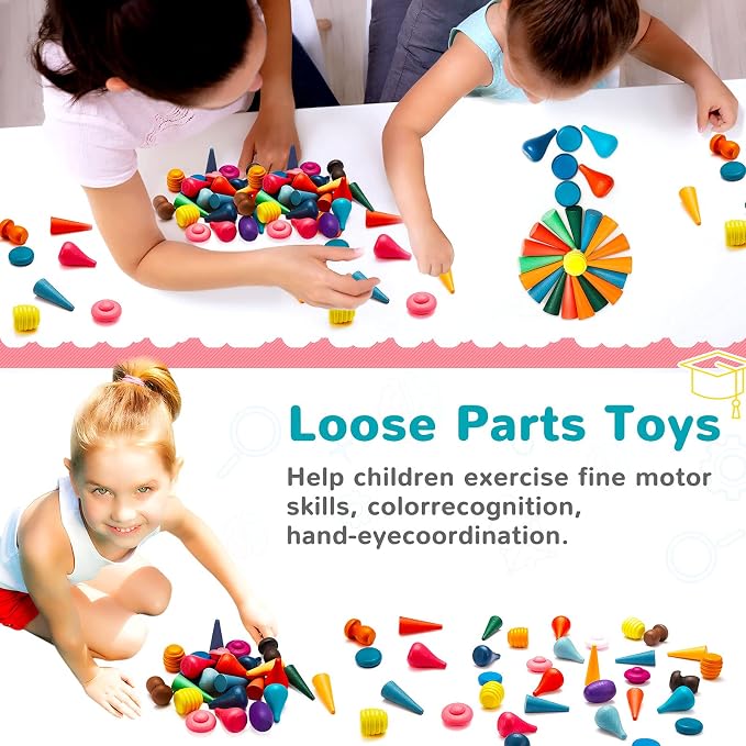 Chivao Loose Parts Play Materials Set, Wooden Mandala Toys Kit,162 Pcs | Wood Sensory Play Toys, 27 Rainbow Colors, 7 Shapes Loose Parts, Teens, Students, Early Learning Materials