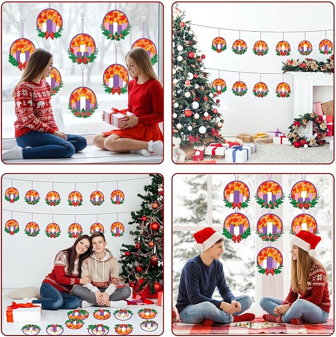 Qyeahkj 36 Set Christmas Advent Wreath Suncatchers Crafts for DIY Advent Candle Tissue Paper Craft Kit Hanging Decor for Xmas Holiday Home Activity Art Project Birthday Party Favor Gift