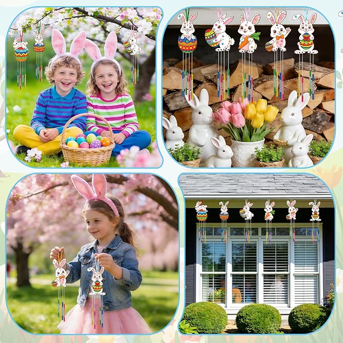 Wooden Easter Bunny Wind Chime Kits Make Your Own Easter Crafts for Kid Coloring DIY Easter Rabbit Wind Chime for Spring Party School Classroom Hanging Decoration Supplies Birthday Favor 6 Pack