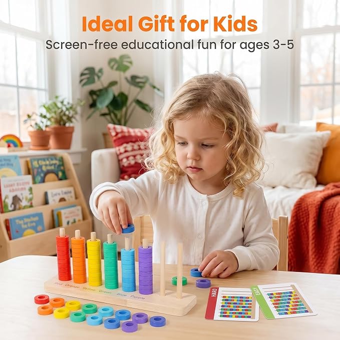 Color Sorting & Stacking Game with Challenge Cards for Kids, Wooden Color Matching Game with 40 Patterns(Easy & Hard), Fine Motor Skills Learning Montessori Toy, Preschool Educational Gift for Kids