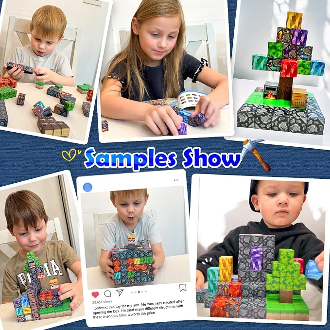100PCS Magnetic Blocks Building Toys STEM Learning Magnet blocks(0.8") | Magnetic Toys for Kids Age 3-5 4-8 5-7 8-12, Gem Cave Mine Magnet World Craft, Birthday Gifts for for 3+ Years Old Boys Girls
