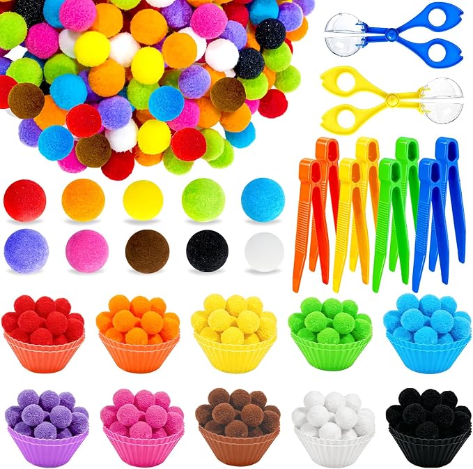 Bbiamsleep 180 Pcs Sensory Bin Fillers, Sensory Bin Pompoms | Sensory Bin Items Includes Pom Poms Sorting Bowls Tweezers Scissors Clips for Counting Sorting