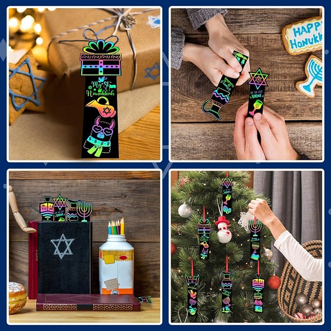 JUNEBRUSHS Scratch Bookmarks, Rainbow Magic Scratch Paper Art DIY Crafts Kit for Classroom Activity Gifts (Hanukkah Style)