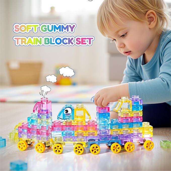 42PCS Soft Train Sensory Building Blocks with Wheels,Squishy Stacking Toy | Preschool Educational Creative Play, Montessori Squeezable, Stretchable Early Learning Construction Playset, Puzzle Blocks