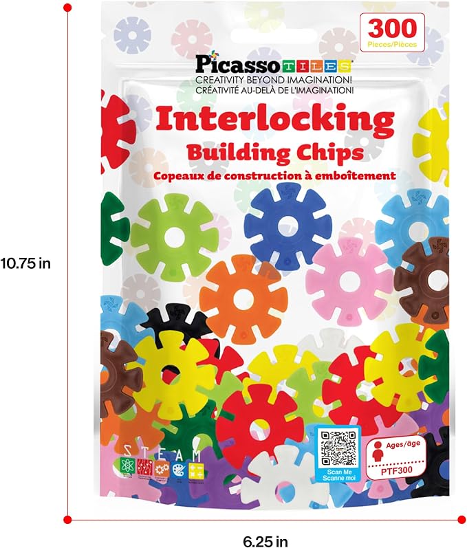 PicassoTiles 300 Piece Interlocking Disc Building Chips, STEM Toy for Kids | 300PCS, colorful connecting discs, creative block set, logic development activity, vibrant shapes, preschool ages 3 and older