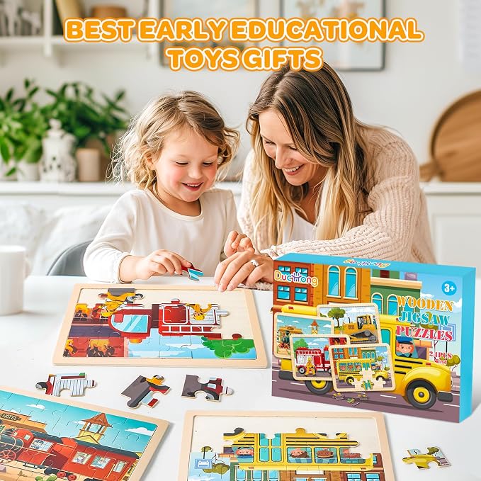 4-Pack Wooden Puzzles for Kids Ages 3-5, 24-Piece Construction Vehicle Set | Toddler Puzzles Ages 3-5, Preschool Puzzles with Wooden Jigsaw Boards for Fine Motor Skills, Shape Recognition and Travel