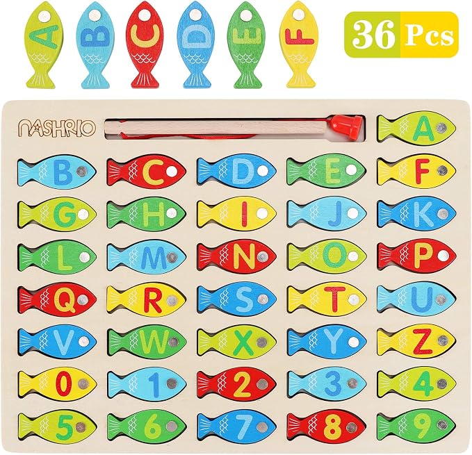 Magnetic Wooden Fishing Game Toy for Preschoolers, Alphabet Fish Catching Counting Games Puzzle with Numbers and Letters, Preschool Learning ABC and Math Educational Toys for 3 4 5 Years Old Kids