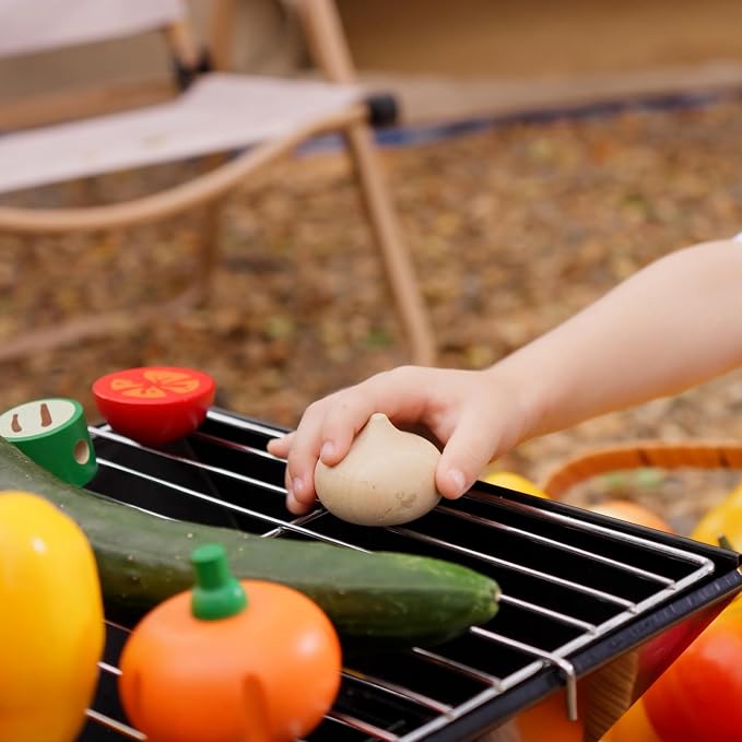 PlanToys® Wooden Fresh Produce Cucumbers, Onions & Pumpkins Sliceable Kids | slicing, knife, fruits and vegetables toys, pretend food, girls, boys, fine motor role play, imaginative social gift set
