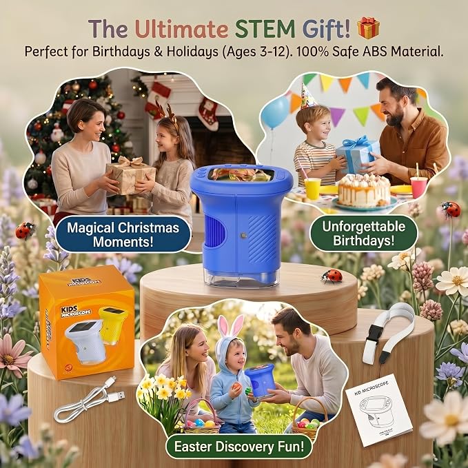 Kids Microscope, 1000X Handheld Digital Pocket Microscope with 2.4" IPS Screen & 8 LEDs, Rechargeable STEM Educational Science Toy for Outdoor Exploration, Gift for Boys Girls Age 4-12, Blue