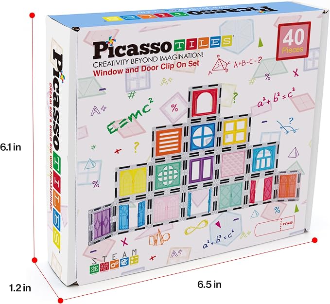 PicassoTiles 40pcs Magnetic Tiles Clip-in Window and Door Expansion Set, Magnetic Block Add-ons, Magnet Building Construction Toys, STEM Education Learning Block for Toddler Boys and Girls 3+ PTW40