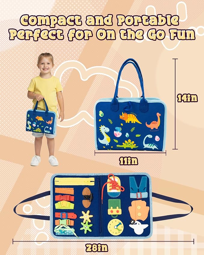 Dinosaur Busy Board for Toddlers, 8-Page Blue Sensory Activity Book with Buckles & Zippers, Montessori Learning Toy for Fine Motor Skills, Screen-Free Airplane Travel Toy for Boys