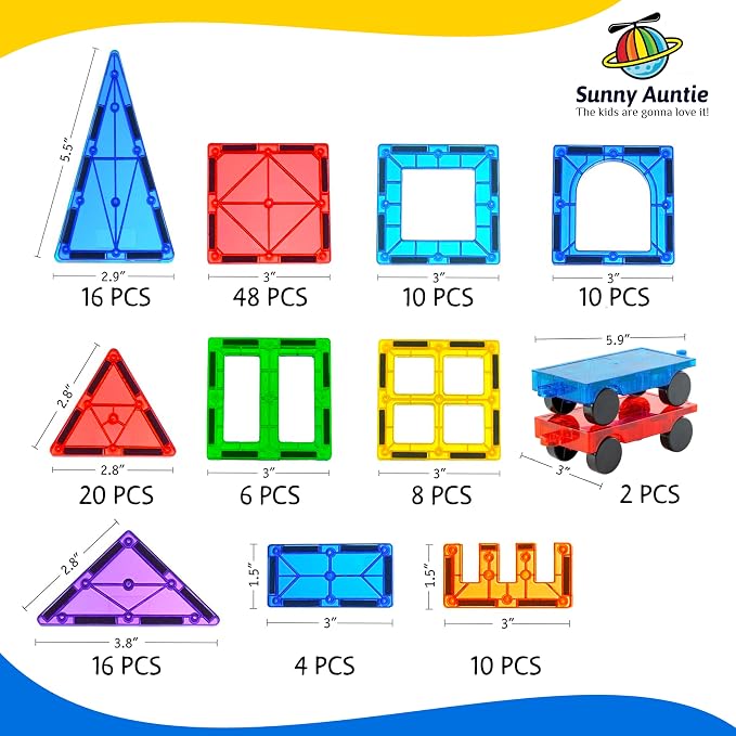 SUNNY AUNTIE Magnetic Tiles STEM Toys Building Set, Ages 3+ - 150 Pieces | Magnetic Tiles Building Toys, STEM Toys, Magnetic Blocks Construction Set, with 2 Cars & Guide Booklet for Kids Ages 3+