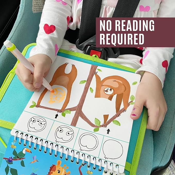 Totebook Kids Travel Activity Kit with Tethered Dry Erase Markers - Mess Free Car & Plane Activities for Toddlers Ages 4-6, Reusable Stickers, Mazes, Search and Find (Jungle Theme)