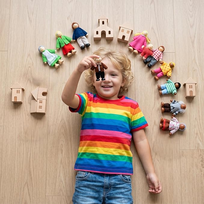 14 Pcs Wooden Dollhouse People Figures, Poseable Wooden Dolls for Girls and Toddlers, Multicultural Pretend Play Toy