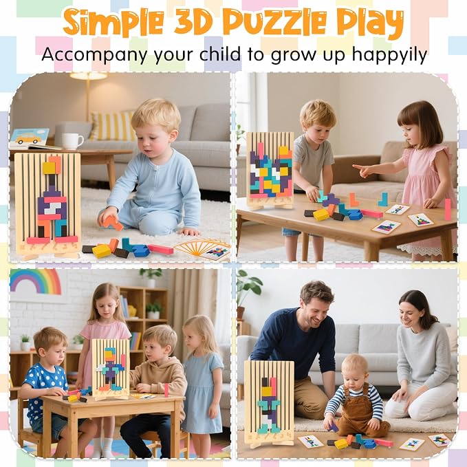 Wooden Stacking Puzzle Toy, Montessori Toys for 3+ Year Old, Wooden Brain Teaser Puzzles, 3D Russian Blocks, Educational Gift for Boys and Girls, Brain Teaser Activity for Home Decor & Toys & Games
