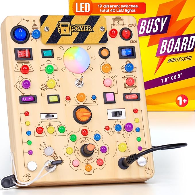 RichBoy Busy Boards, Lights Switch-Style, Wooden, 59-in-1, Large | Toddlers Birthday Gifts, Montessori Toys, Autism Sensory, Fine Motor Skills, Educational Learning, Travel Essentials