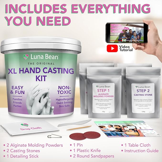 Luna Bean XL Hand Casting Kit for Family - Extra Large Mold, Up to 6 Hands | Molds up to 4 adult hands or 2 adults with 4 kids - double the material of our couples kit, family keepsake gift