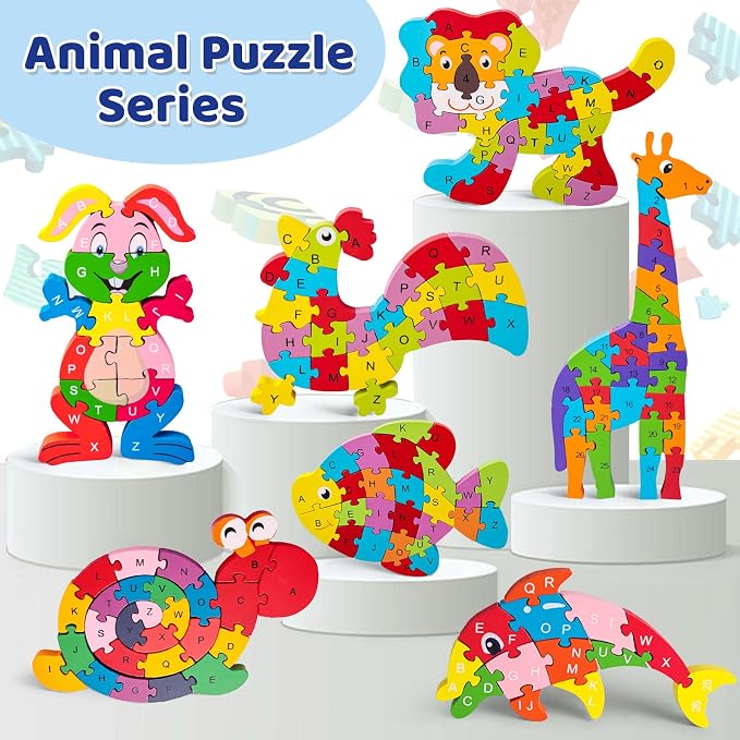 LovesTown Wooden Snail Jigsaw Puzzle, Double Sided | Alphabet & Numbers, Montessori Educational, Chunky Animal Design, For Toddlers