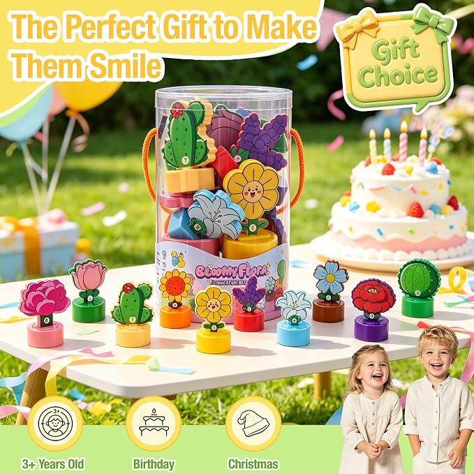 TSYAN Montessori STEM Toys Gift for Toddlers, Bloomy Flora Shape Color Number Sorting Matching Game, Educational Fine Motor Skills Learning Flower Blocks with Storage Tube for Boys Girls 2-4 Year Old