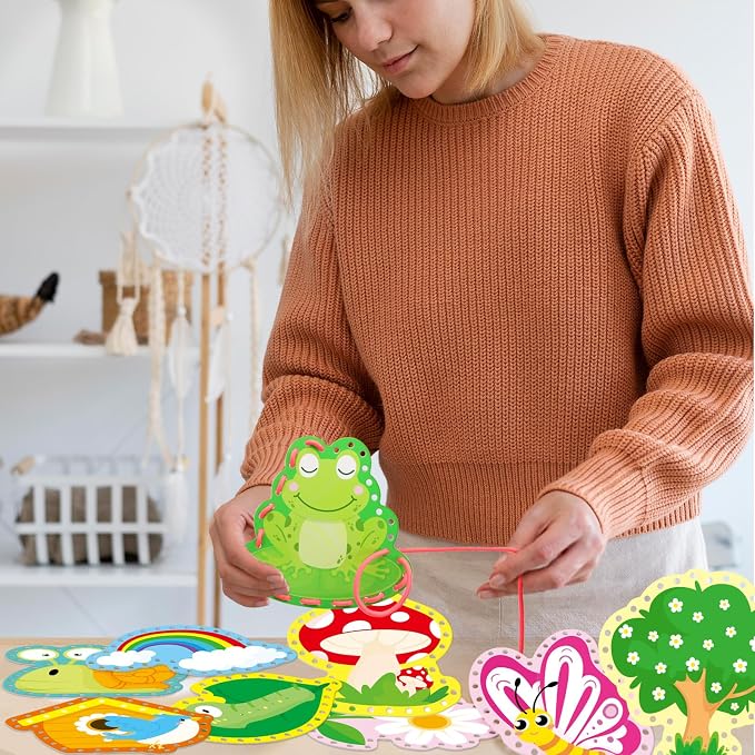 Omlisca Springtime Lacing Cards for Kids 12 Packs Double Sided Sewing Kits Flower Rainbow Butterfly Sewing Cards Educational & Learning Activities Fine Motor Skill for Preschool Supplies Spring Decor